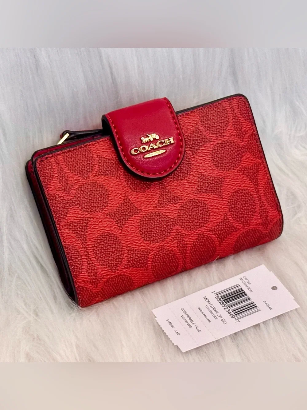 NWT Coach Medium Corner Zip Wallet In Signature Canvas GOLD/CRIMSON CW786